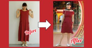 รีเมคชุดเดรสจากร้านผ้ามือสอง เป็นชุดเดรสเปิดไหล่เก๋ๆ