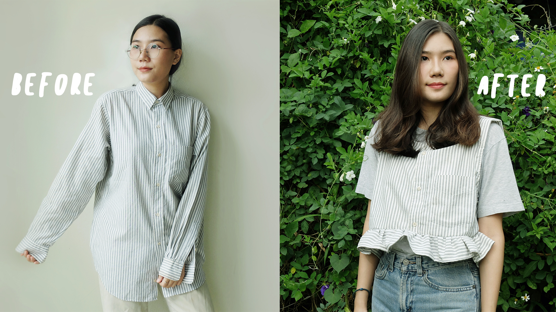 แปลงโฉมเสื้อเชิ้ตแมนๆ .ให้เป็นเสื้อสายเดี่ยวมีระบายฟรุ้งฟริ้ง